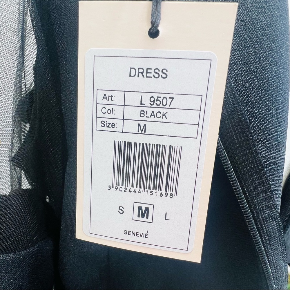 GENEVIE Black Mini Dress Gold & Sheer Bell Sleeve Dress NWT Size Small Medium - Picture 12 of 14